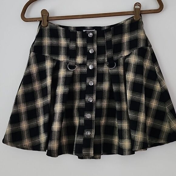 HT Hot Topic Grunge Punk Schoolgirl Black Yellow Plated Mini Skirt M 5e - Picture 7 of 7